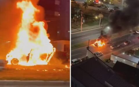 BMW incendeia no meio da rua em Goiânia e mobiliza bombeiros durante a noite