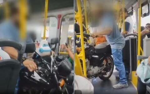 Homem leva moto para dentro de ônibus em Goiânia