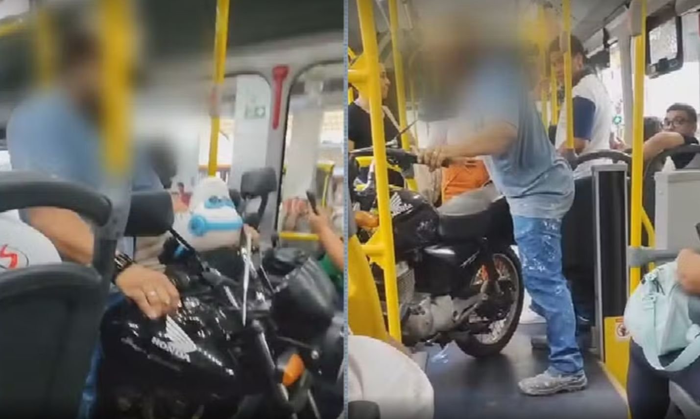 Homem leva moto para dentro de ônibus em Goiânia
