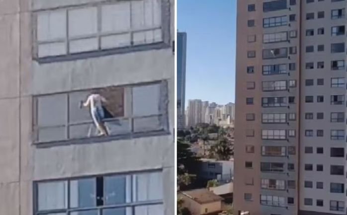 Mulher se arrisca ao limpar janela no 10º andar em prédio de Goiânia