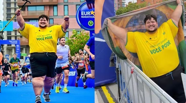 Brasileiro de 200 kg viraliza após completar maratona