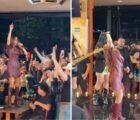 Maiara sobe em mesa e vira taça durante show em Goiânia