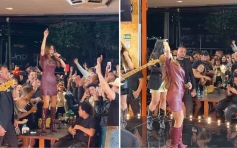 Maiara sobe em mesa e vira taça durante show em Goiânia