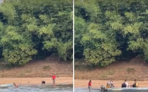 Crianças indígenas são levadas pela correnteza no Rio Araguaia em Goiás
