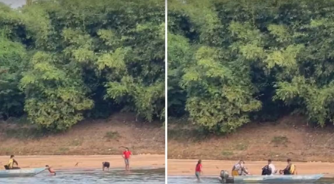 Crianças indígenas são levadas pela correnteza no Rio Araguaia em Goiás