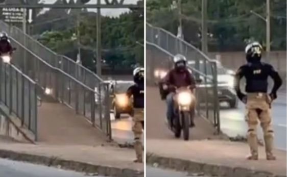 Motociclista usa passarela na BR-153 e encontra policial ao descer