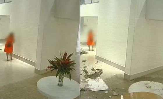 Moradora escapa por segundos após lustre cair com teto em Goiânia