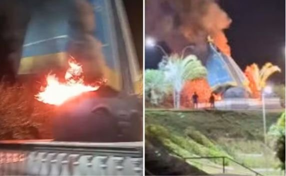 Monumento de Nossa Senhora Aparecida desaba após incêndio em Nerópolis