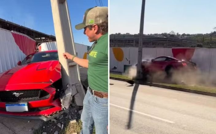 Mustang perde o controle e derruba poste em Goiânia
