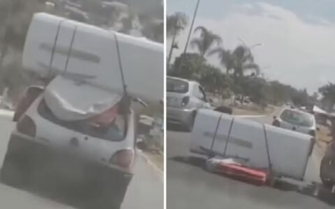 Carro leva geladeira no teto e item cai no trânsito de Trindade