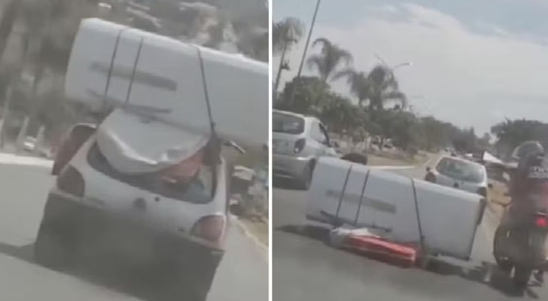 Carro leva geladeira no teto e item cai no trânsito de Trindade